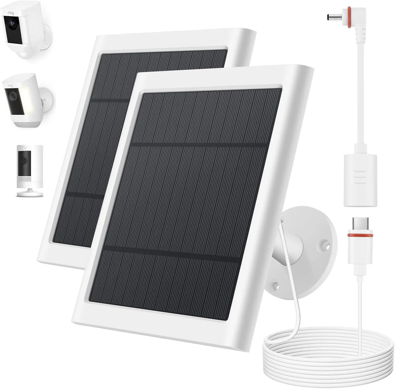 Solar Panel for Ring Camera, 2 Pack 4W Solar Charger Compatible with Spotlight & Stick Up Outdoor Cam Battery, 10ft Long Cable with USB-C to Ring Barrel Plug Adapter