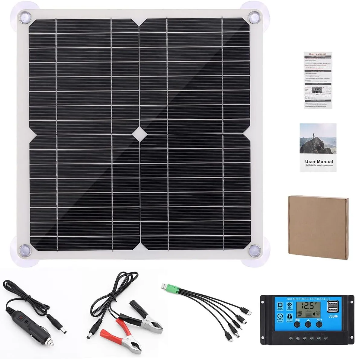 Solar Panel Kit Solar Charger Reusable Portable Flexible Sun Power Solar Panel Charger 12V Car Battery Charge Panel with Controller 2 USB Output 200W Max for Camping Car Boat RV ZHAZHAMO