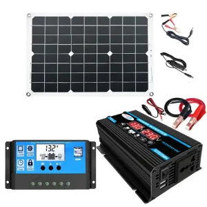 Solar Power System Inverter 30A Controller 18W 12V Solar Panel, Specification:, Black 12V To 110V, Black 12V To 220V, Yellow 12V To 110V, Yellow 12V To 220V