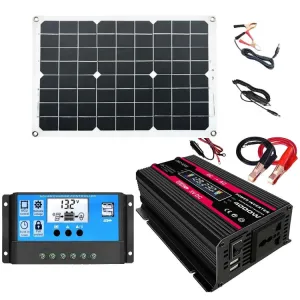 Solar Power System Inverters 30A Controller 18W 18V Solar Panel, Black 12V To 220V, Black 12V To 110V, Red 12V To 220V, Red 12V To 110V