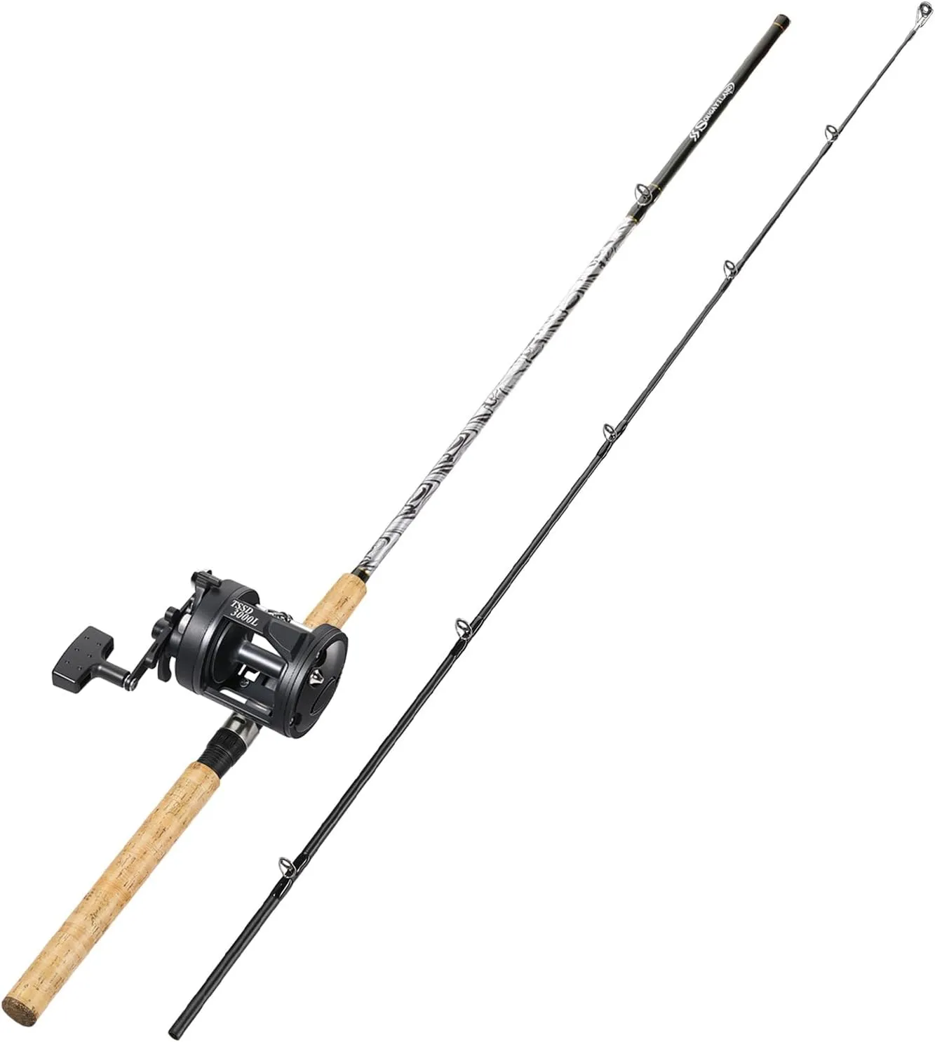 Sougayilang Fiberglass Fishing Pole Conventional Reel Combo with Durable P-Cork Rod Handle, Medium Heavy for Catfish Salmon and Steelhead