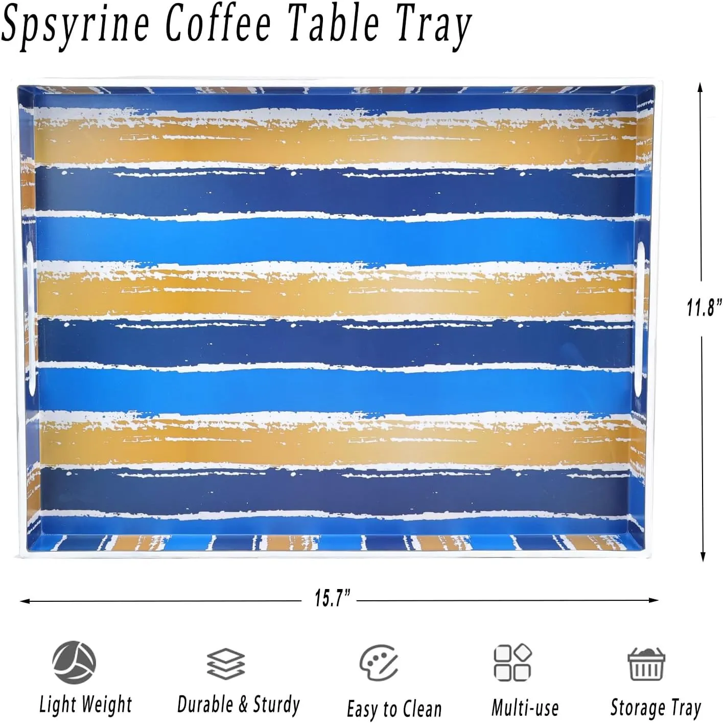 Spsyrine Decorative Outdoor Serving Tray with Handles, Plastic Ottoman Tray for Coffee Table, Kitchen, Living Room, Stripes