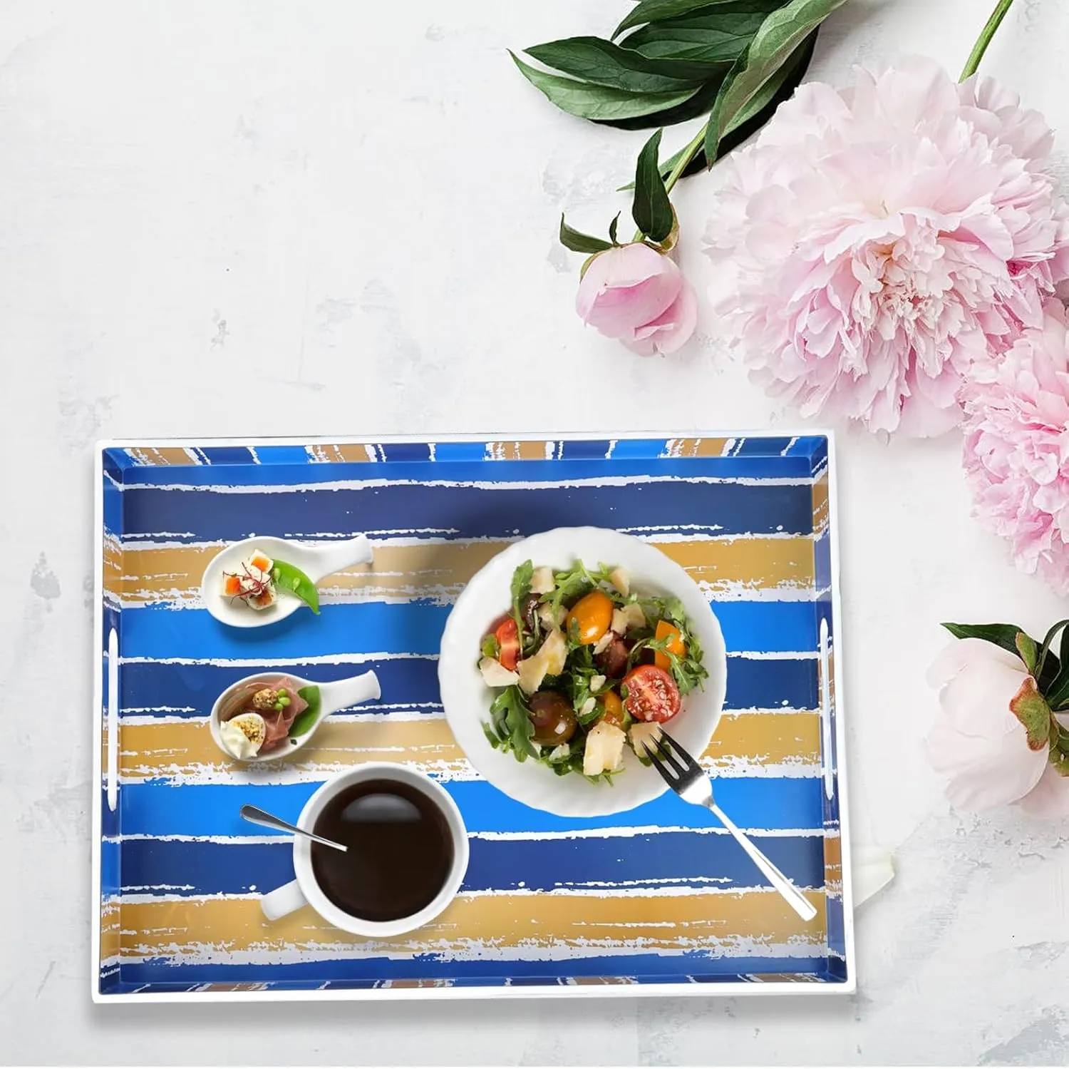 Spsyrine Decorative Outdoor Serving Tray with Handles, Plastic Ottoman Tray for Coffee Table, Kitchen, Living Room, Stripes