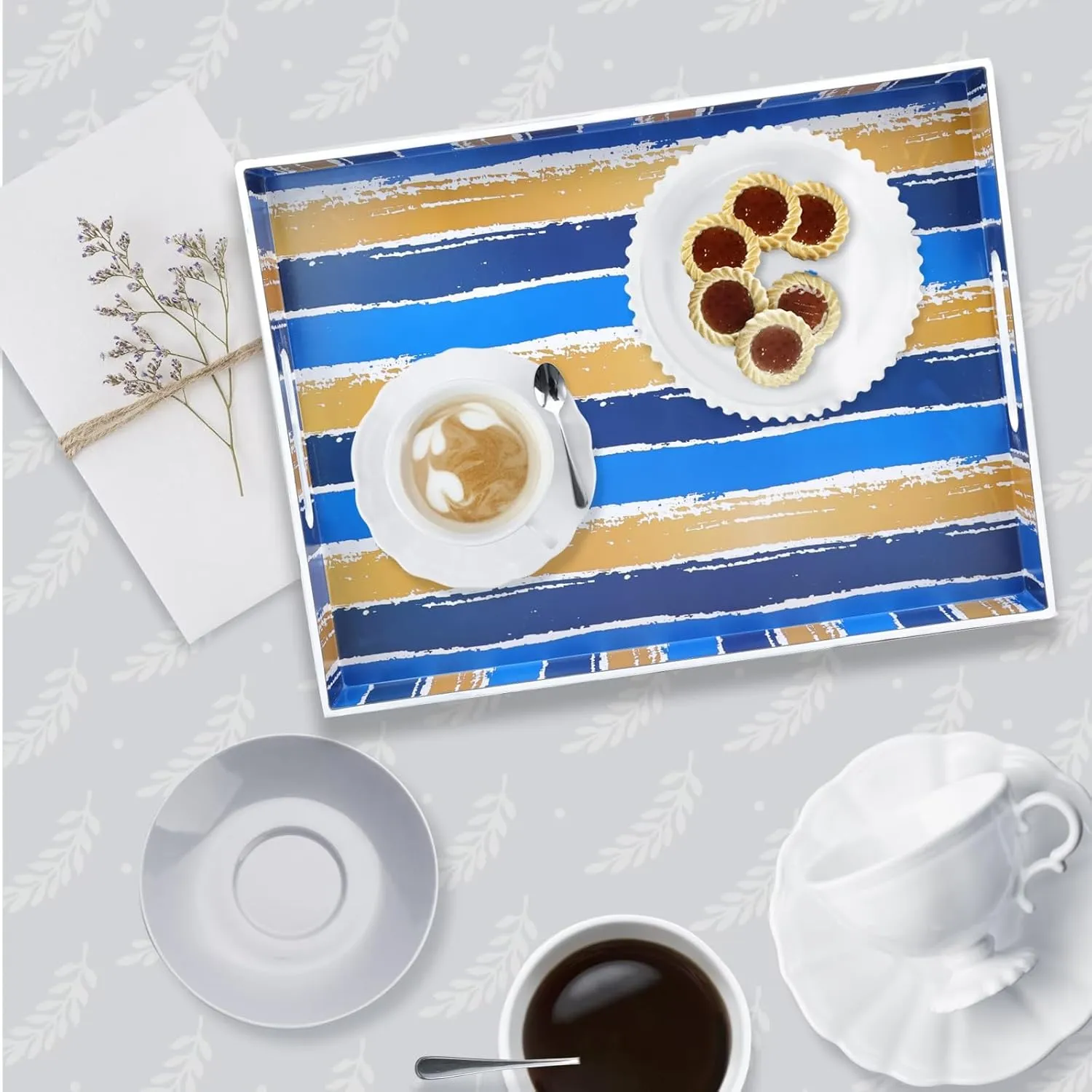 Spsyrine Decorative Outdoor Serving Tray with Handles, Plastic Ottoman Tray for Coffee Table, Kitchen, Living Room, Stripes