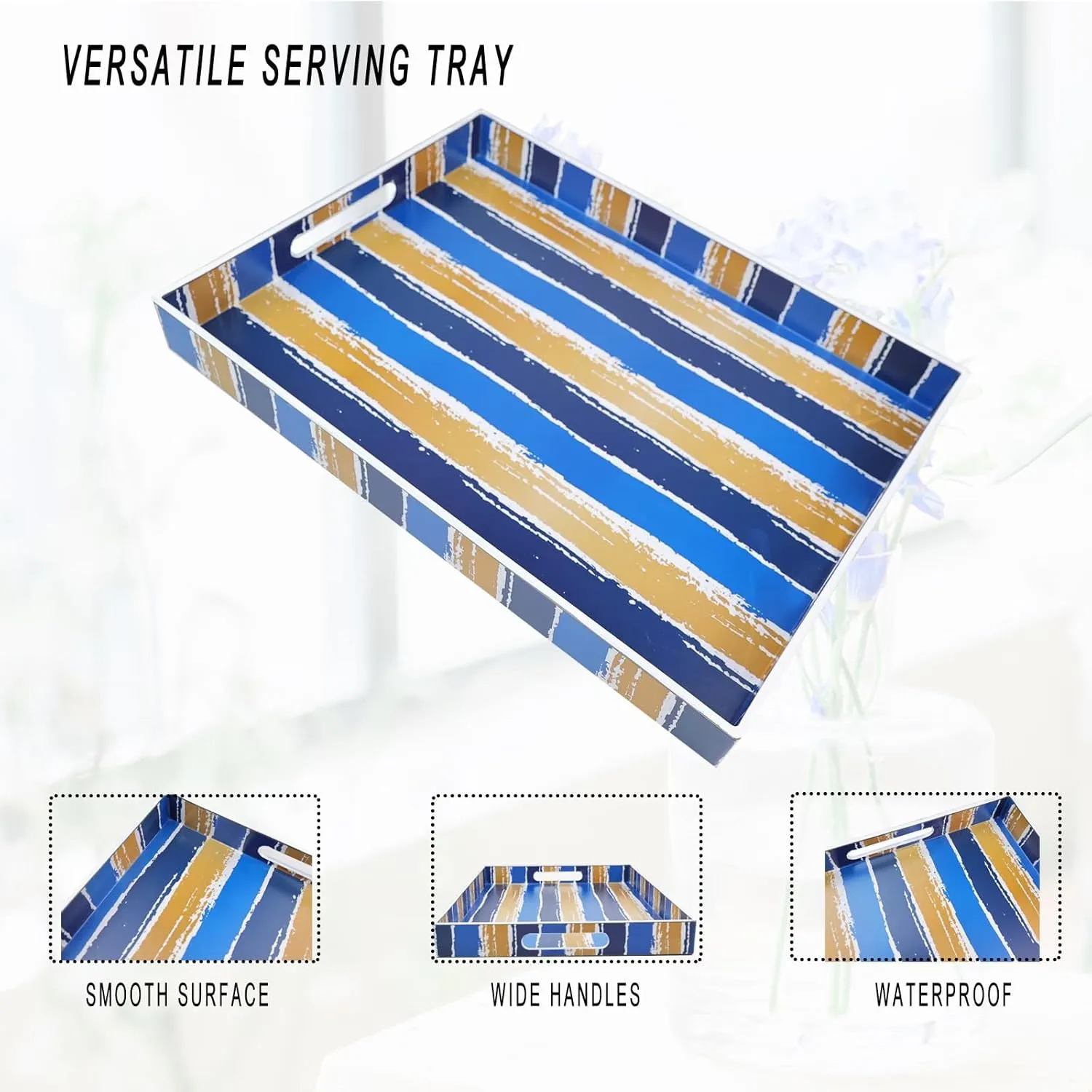 Spsyrine Decorative Outdoor Serving Tray with Handles, Plastic Ottoman Tray for Coffee Table, Kitchen, Living Room, Stripes