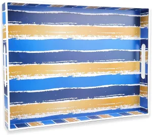Spsyrine Decorative Outdoor Serving Tray with Handles, Plastic Ottoman Tray for Coffee Table, Kitchen, Living Room, Stripes