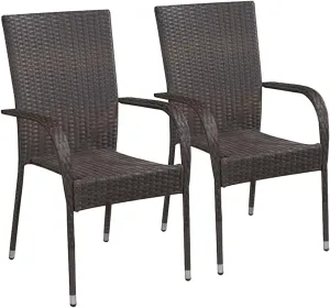 Stackable Patio Dining Chairs Set of 2 Brown Poly Rattan Outdoor Chairs with Steel Frame Lightweight for Garden Deck Backyard Porch