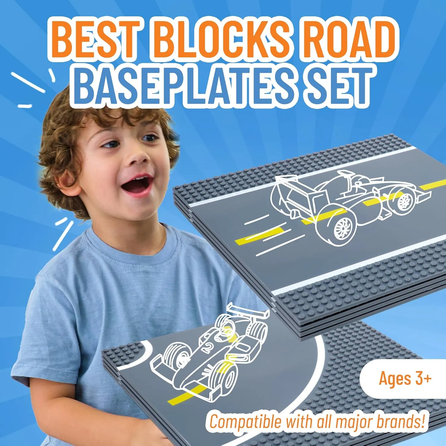 Stackable Road Plates, 4 Straight and 4 Curved Building Baseplates, 100% Compatible with All Major Brands, For Ages 3 and Up, 8 Pack, 10x10 Inches