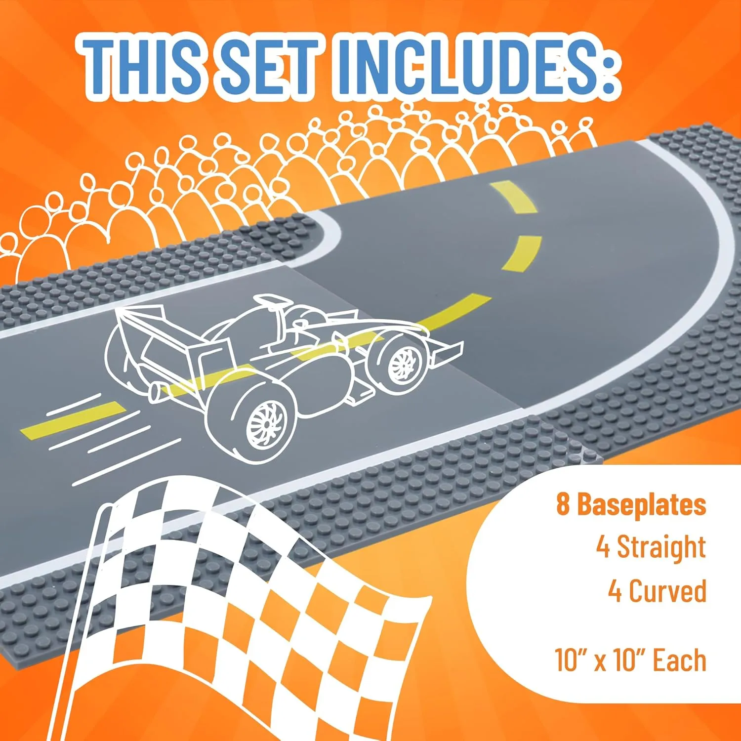 Stackable Road Plates, 4 Straight and 4 Curved Building Baseplates, 100% Compatible with All Major Brands, For Ages 3 and Up, 8 Pack, 10x10 Inches
