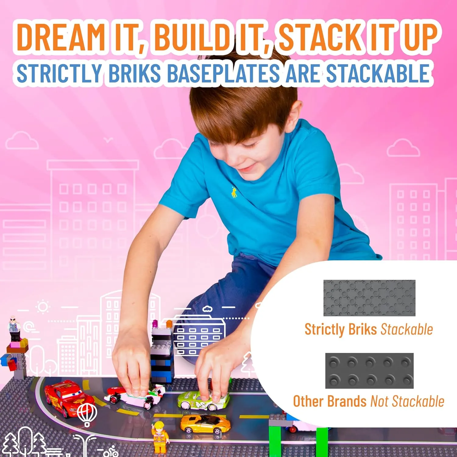 Stackable Road Plates, 4 Straight and 4 Curved Building Baseplates, 100% Compatible with All Major Brands, For Ages 3 and Up, 8 Pack, 10x10 Inches