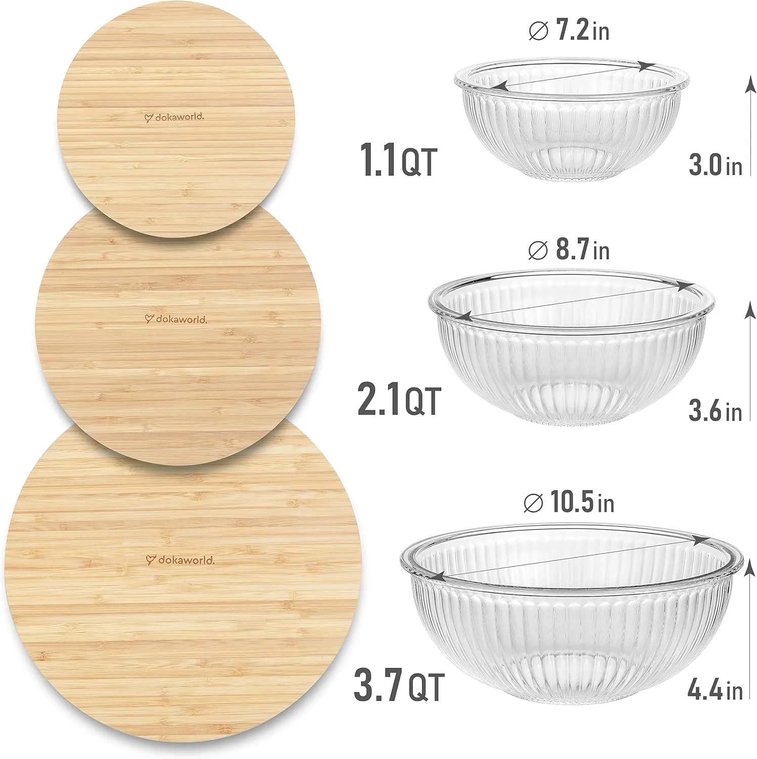 Stackable Space-Saving Nesting Set of 3 Glass Bowls with Bamboo Lids for Foodprep, Storage, Mixing & Cooking - Microwave & Oven Safe BPA Free Durable Heat Resistant Inert Borosilicate Glass
