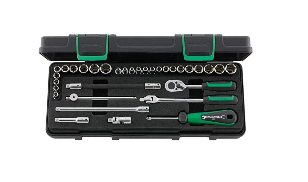 Stahlwille 96011162 33-Piece Socket Set with Ratchets, 1/4" Square Drive Hex Sockets from 3.2mm-14mm and 3/16"-9/16", Sturdy ABS Plastic Case, Made in Germany