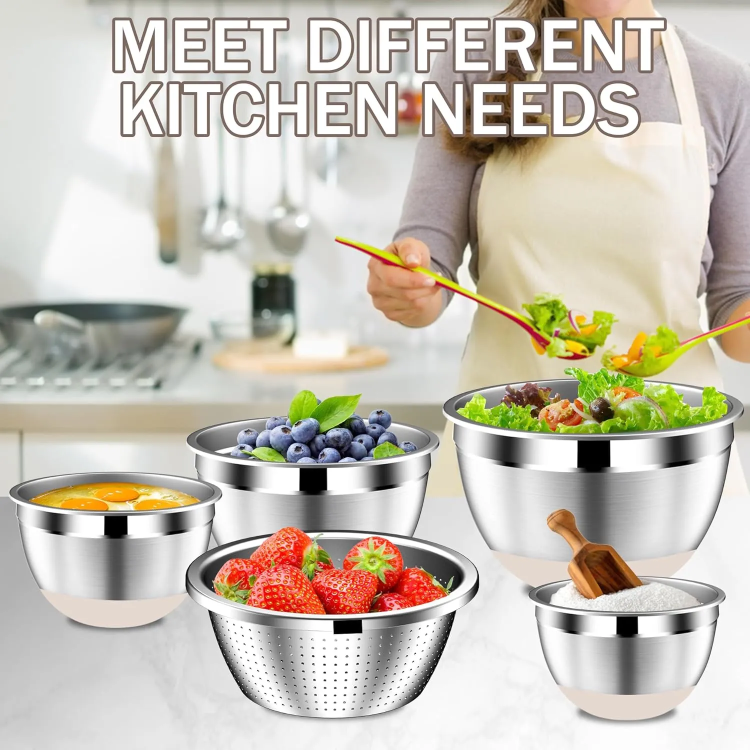 Stainles Steel Mixing Bowls with Lids Set, Stackable Metal Mixing Bowl with Strainer, 5-Piece - Beige