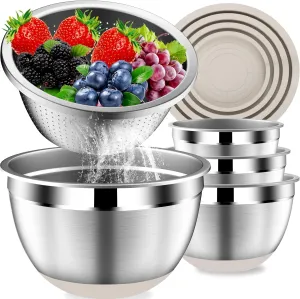 Stainles Steel Mixing Bowls with Lids Set, Stackable Metal Mixing Bowl with Strainer, 5-Piece - Beige