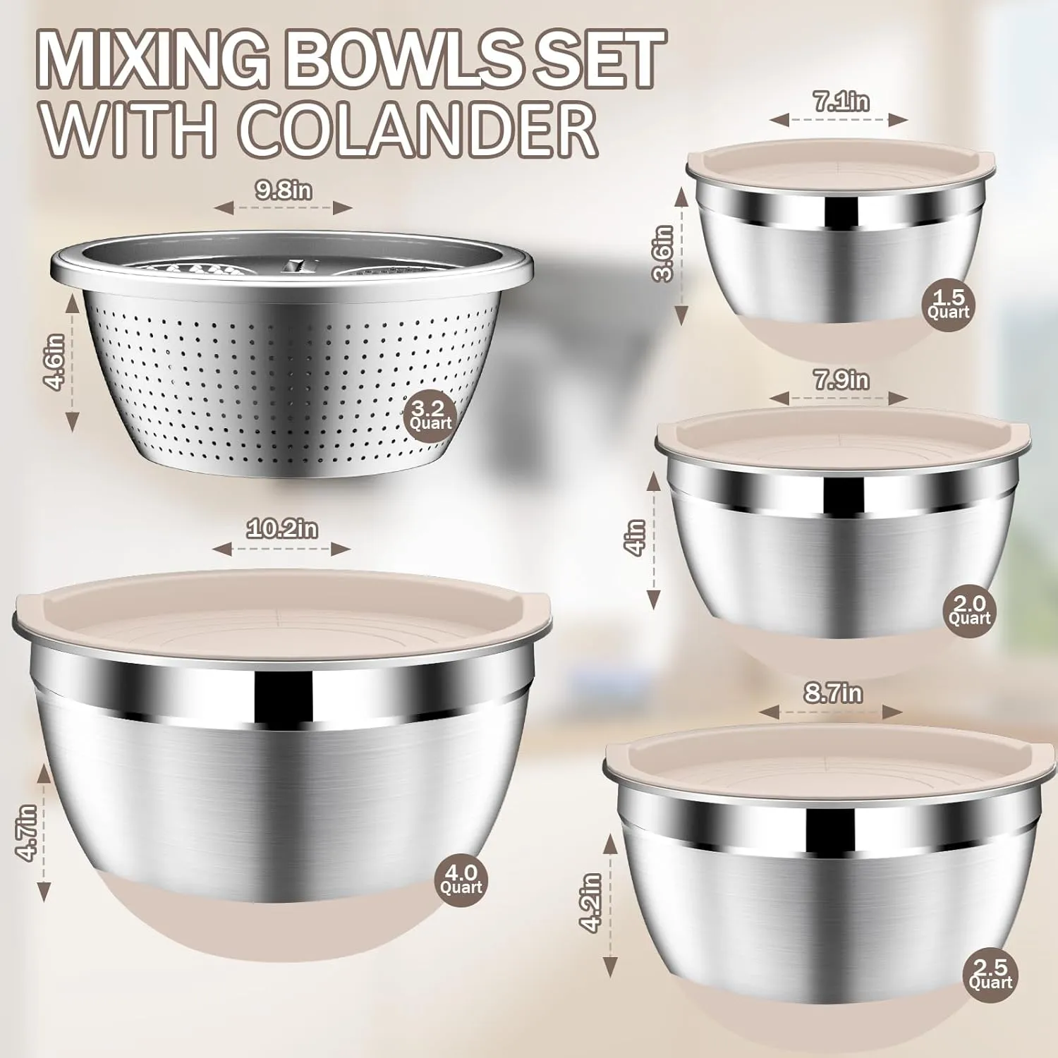 Stainles Steel Mixing Bowls with Lids Set, Stackable Metal Mixing Bowl with Strainer, 5-Piece - Beige