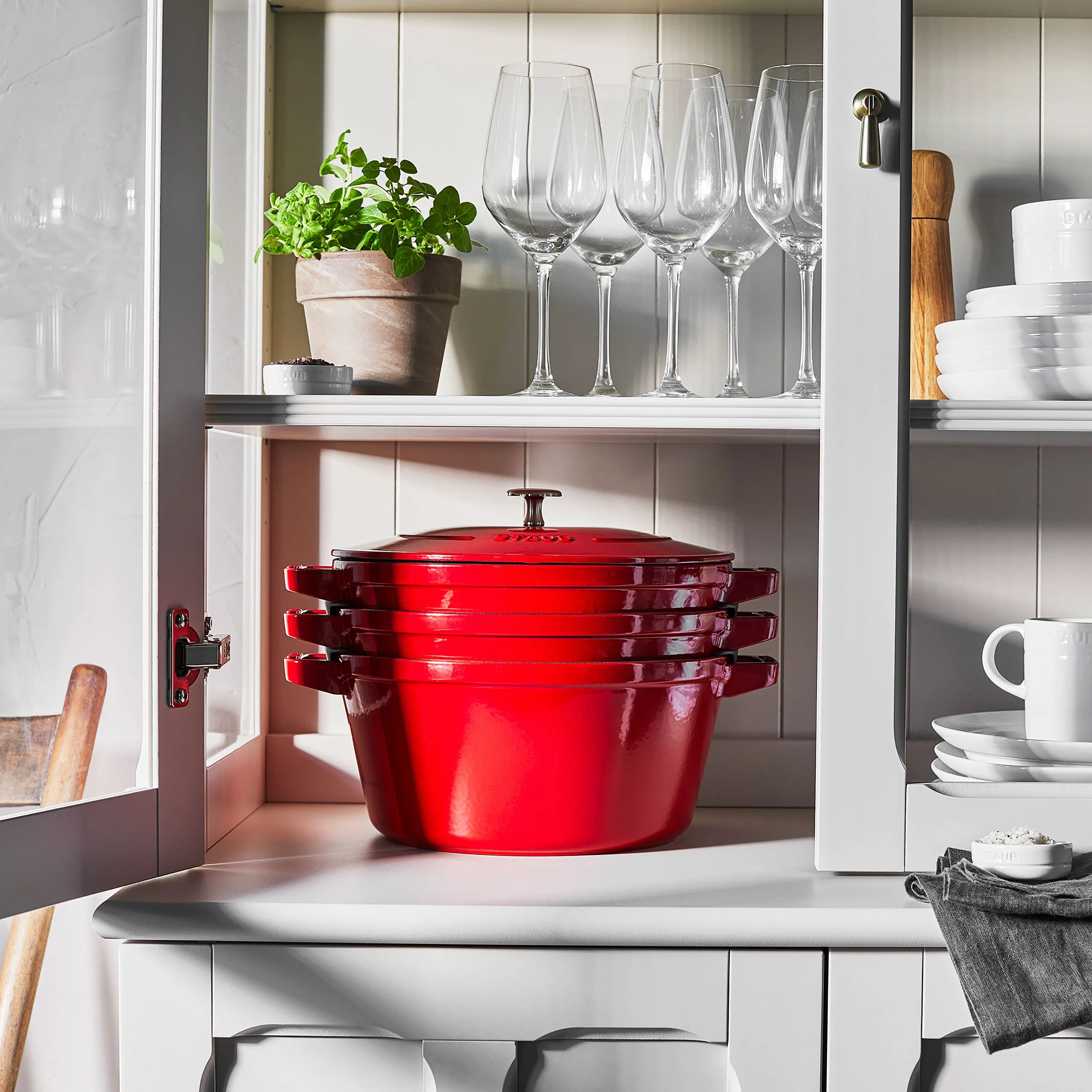 Staub 4 Piece Cherry Red Stackable Cast Iron Cookware Set