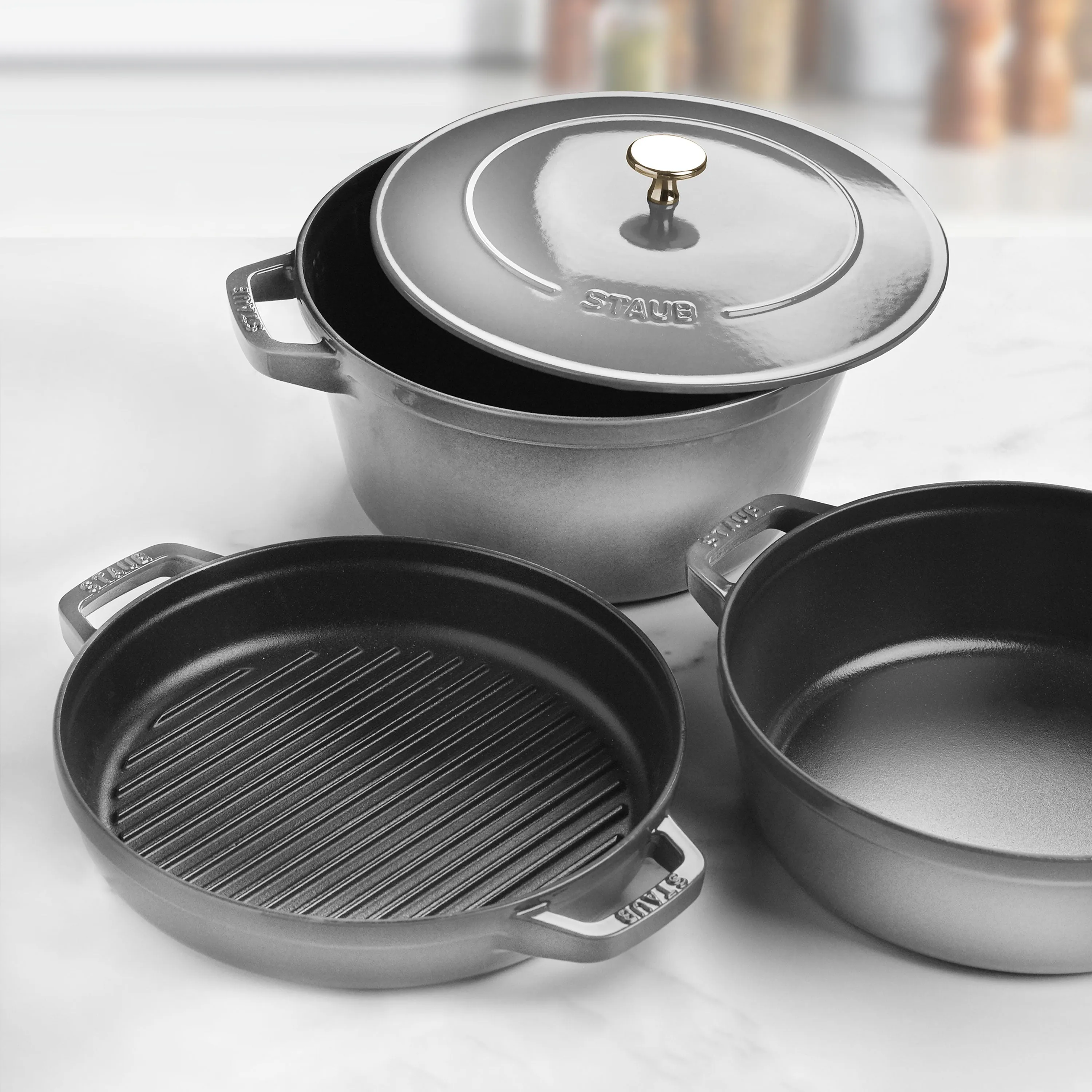 Staub 4 Piece Graphite Gray Stackable Cast Iron Cookware Set