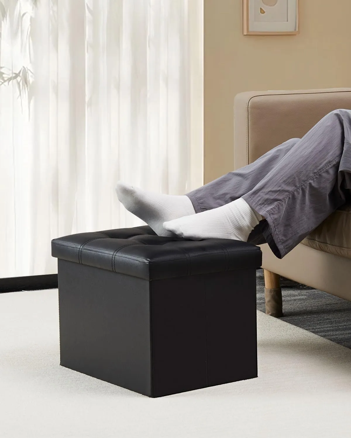 Storage Ottoman, Folding Foot Stool with Thicker Foam Padded Seat Small Leather Storage Ottoman Bench Foot Rest for Living Room Foldable Coffee Table 17x13x13in,Black