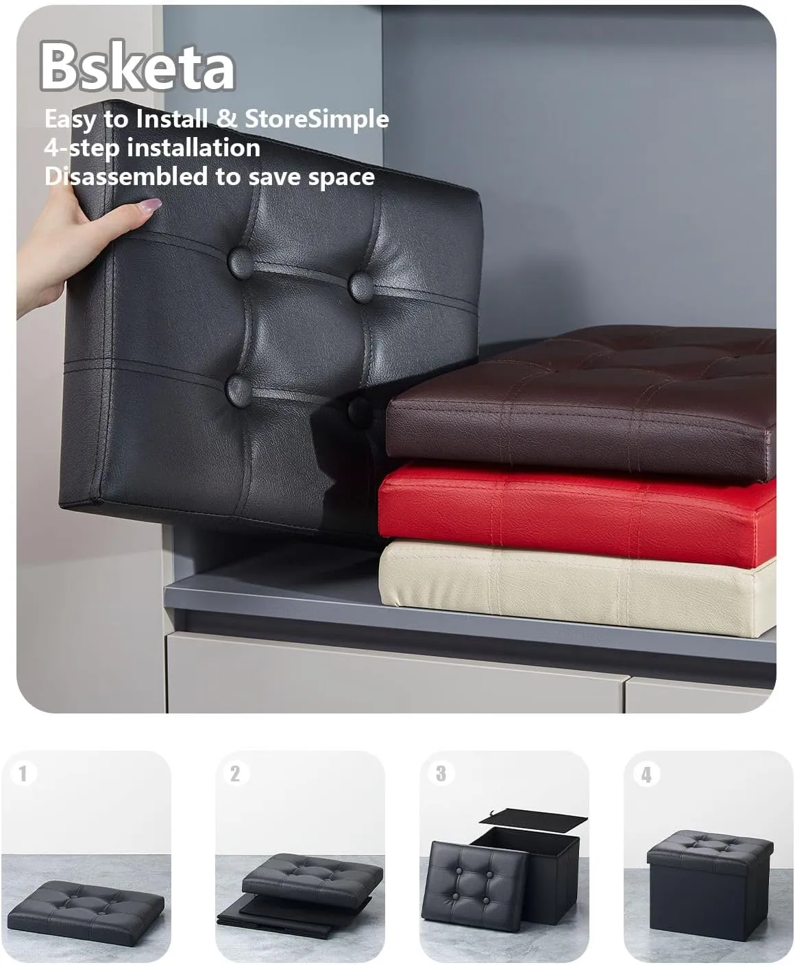 Storage Ottoman, Folding Foot Stool with Thicker Foam Padded Seat Small Leather Storage Ottoman Bench Foot Rest for Living Room Foldable Coffee Table 17x13x13in,Black