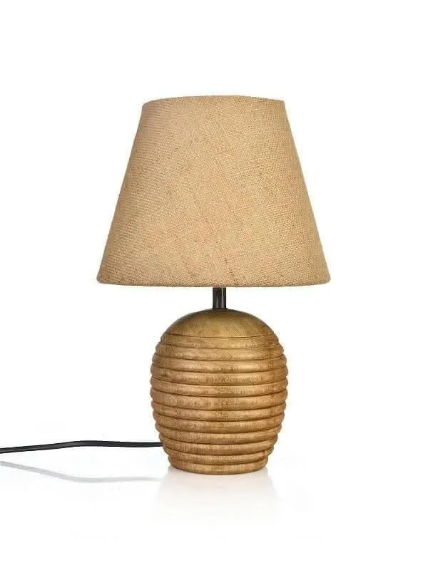 Striped Wooden Brown Lamp With Brown Jute Shade