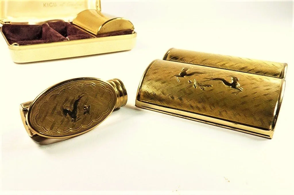 Stunning Kigu Leaping Deer Vanity Set Compact Lipstick Mirror And Case 1950s