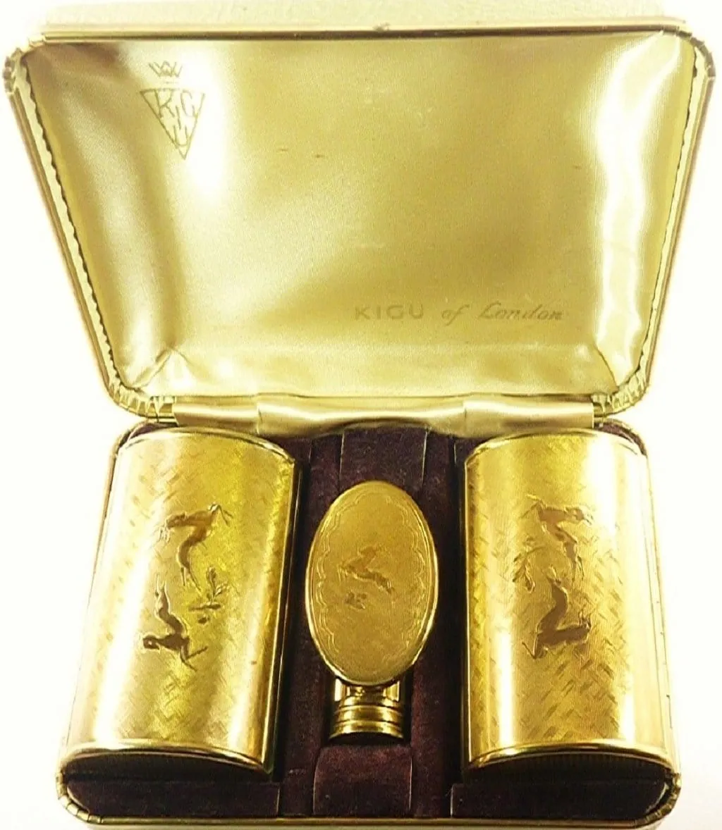 Stunning Kigu Leaping Deer Vanity Set Compact Lipstick Mirror And Case 1950s