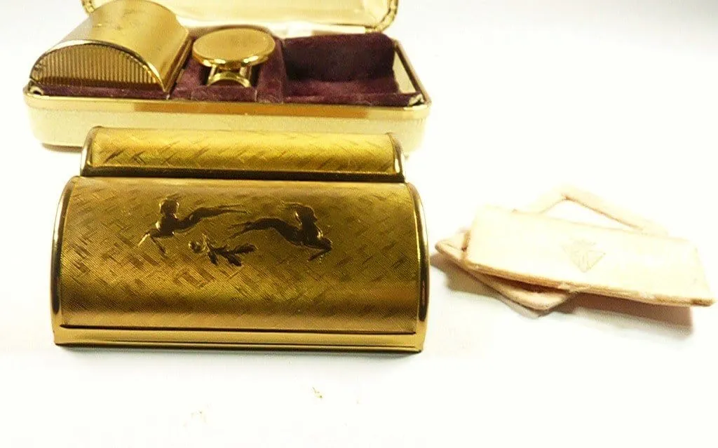 Stunning Kigu Leaping Deer Vanity Set Compact Lipstick Mirror And Case 1950s