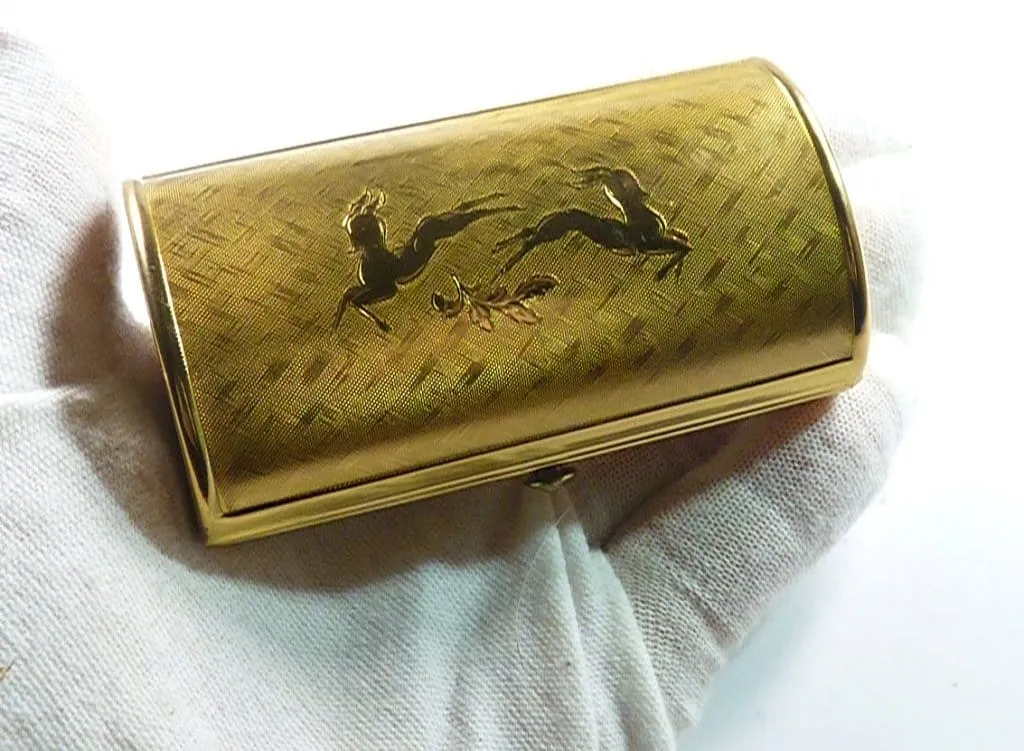 Stunning Kigu Leaping Deer Vanity Set Compact Lipstick Mirror And Case 1950s