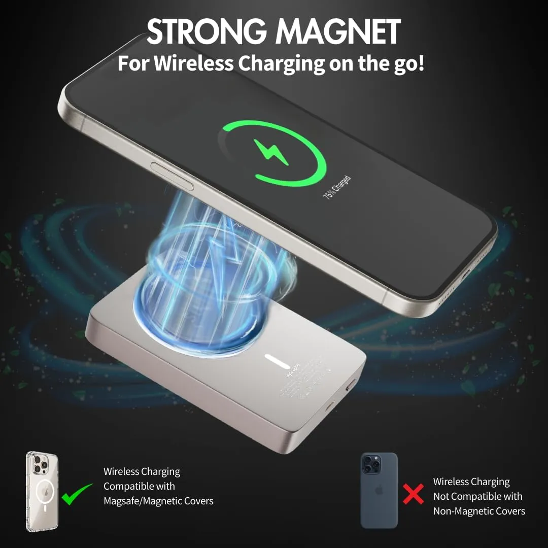 SU Lite Magnetic Power Bank 10000mAh, 20W Fast Charge USB-C, Wireless Charger, MagSafe Compatible, Support iPhone, Samsung, Google Pixel, AirPod, Slim 0.60" Lightweight Portable Charger with Carrybag