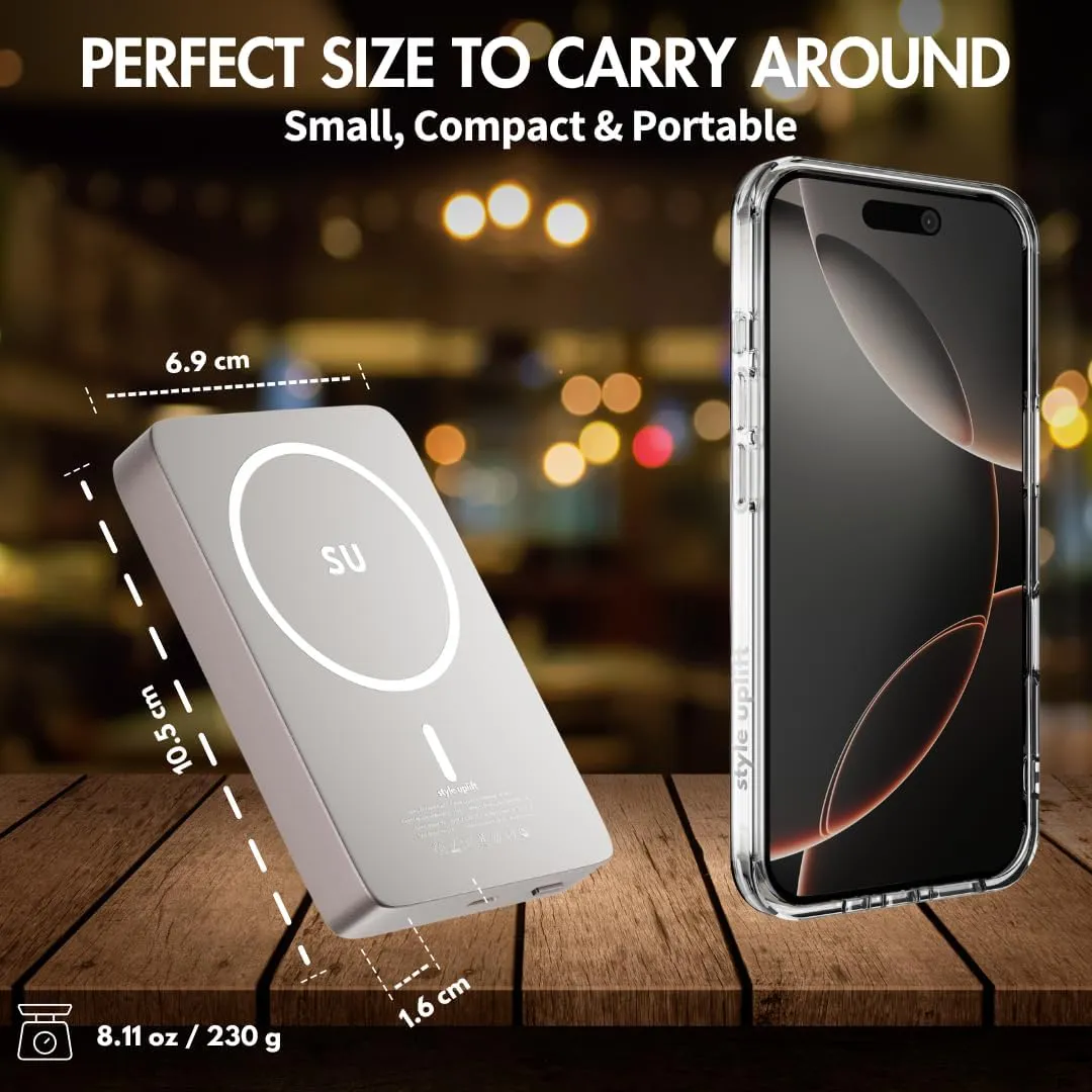 SU Lite Magnetic Power Bank 10000mAh, 20W Fast Charge USB-C, Wireless Charger, MagSafe Compatible, Support iPhone, Samsung, Google Pixel, AirPod, Slim 0.60" Lightweight Portable Charger with Carrybag