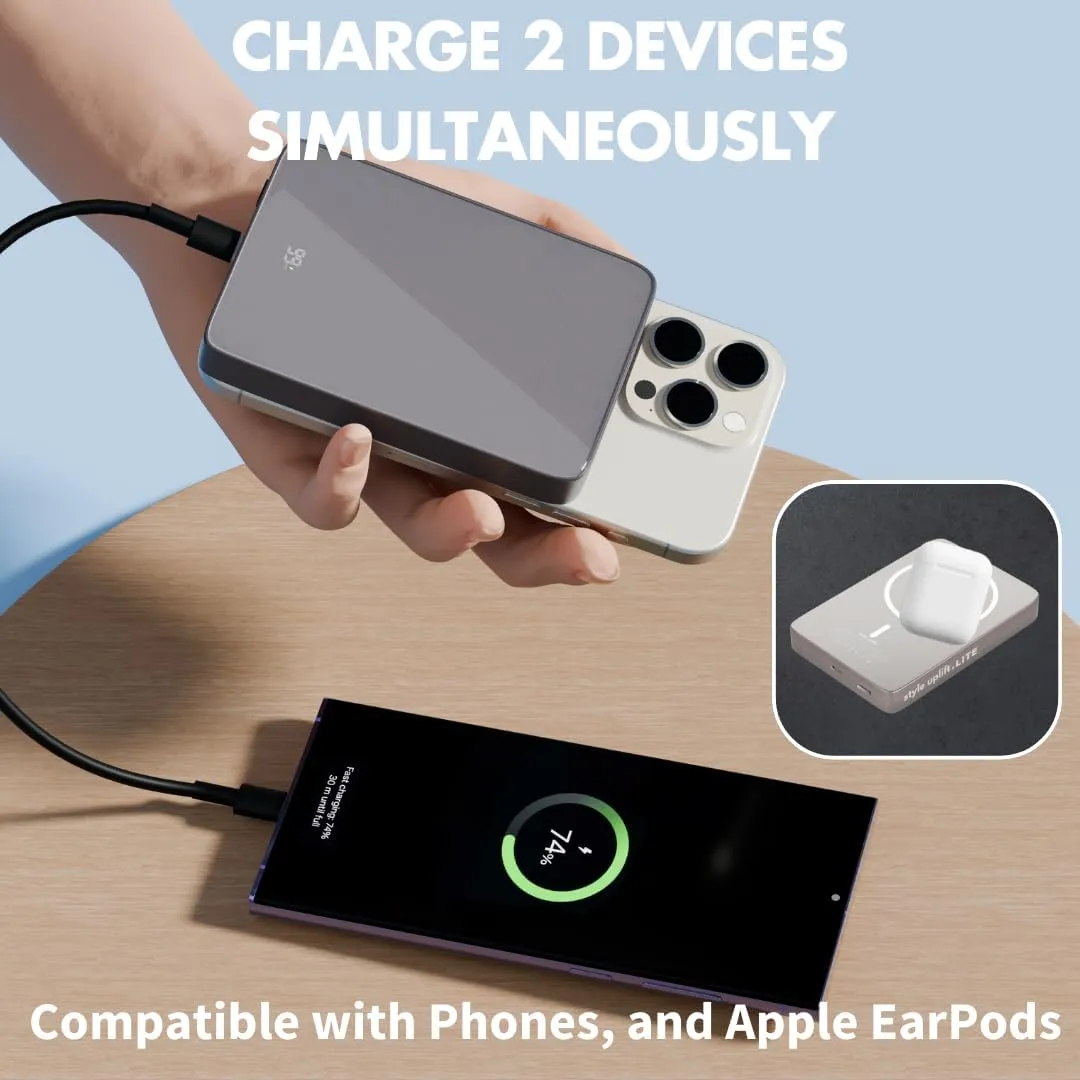 SU Lite Magnetic Power Bank 10000mAh, 20W Fast Charge USB-C, Wireless Charger, MagSafe Compatible, Support iPhone, Samsung, Google Pixel, AirPod, Slim 0.60" Lightweight Portable Charger with Carrybag