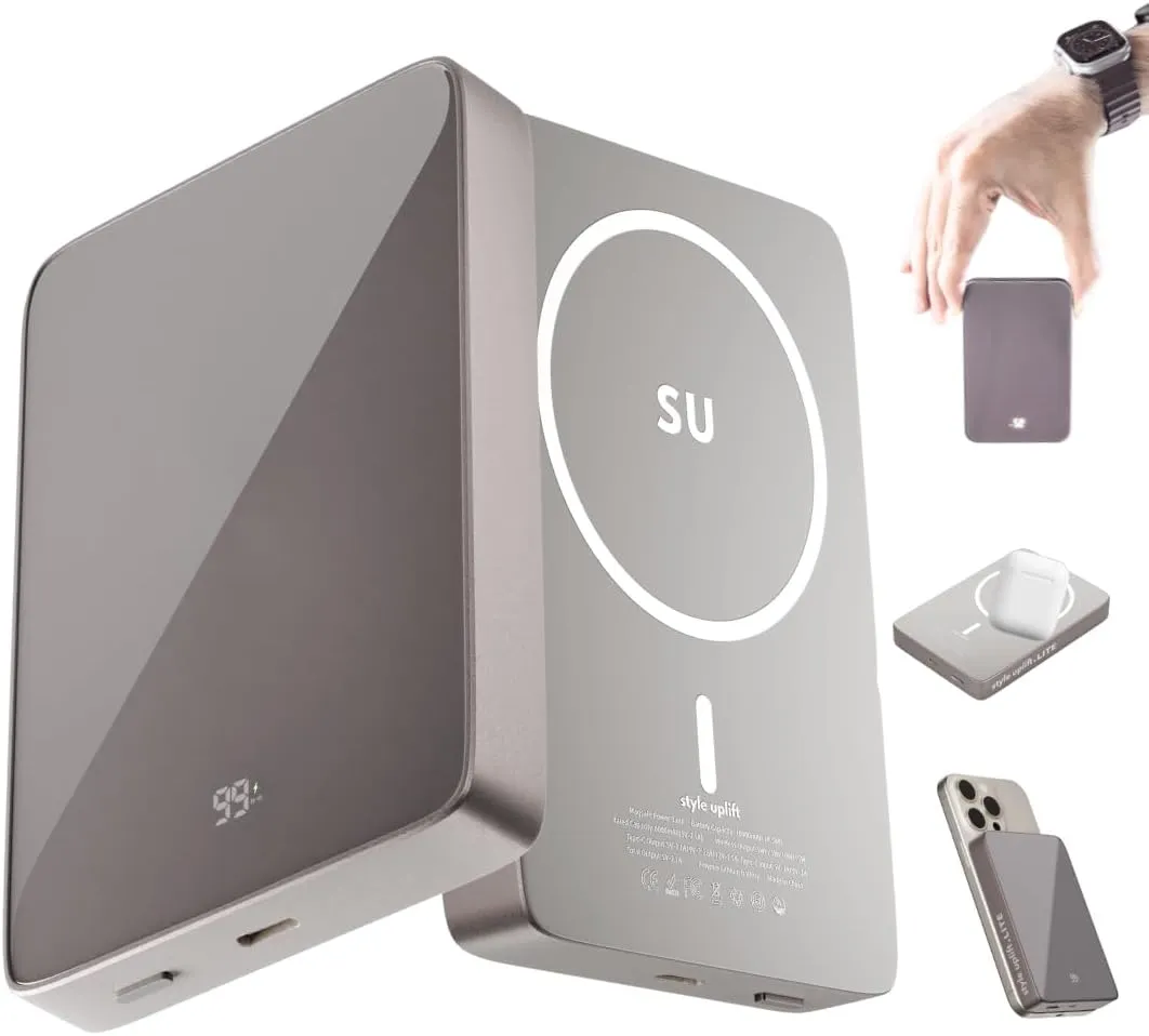 SU Lite Magnetic Power Bank 10000mAh, 20W Fast Charge USB-C, Wireless Charger, MagSafe Compatible, Support iPhone, Samsung, Google Pixel, AirPod, Slim 0.60" Lightweight Portable Charger with Carrybag
