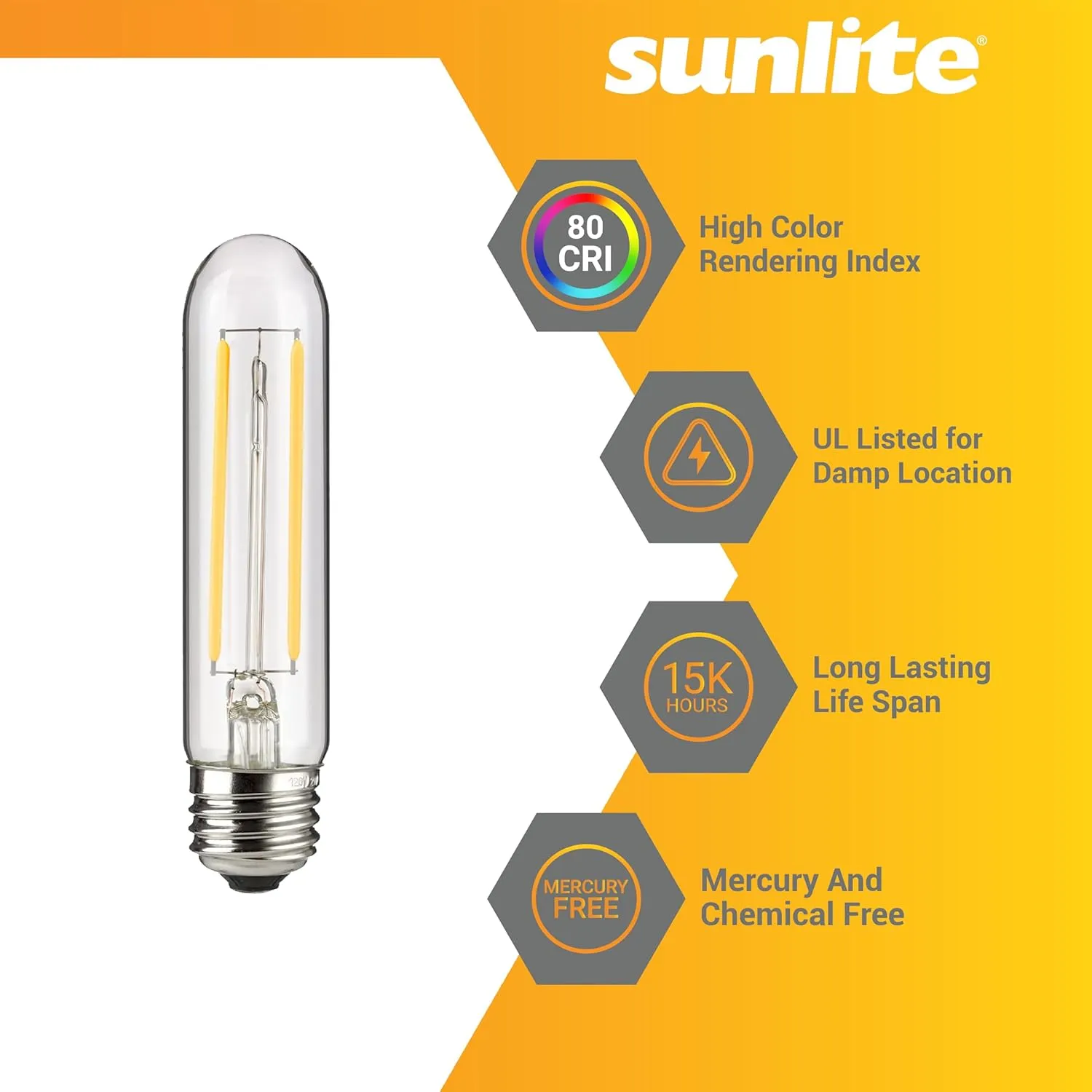 Sunlite LED Filament T10 Tubular Light Bulb, 6 Watts (60W Equivalent), 600 Lumens, Medium E26 Base, Dimmable, 128 mm, UL Listed, 2700K Soft White, 6 Pack