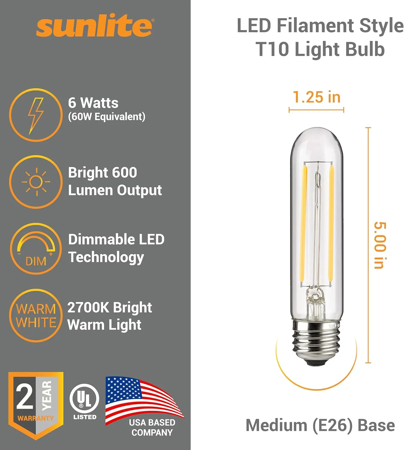 Sunlite LED Filament T10 Tubular Light Bulb, 6 Watts (60W Equivalent), 600 Lumens, Medium E26 Base, Dimmable, 128 mm, UL Listed, 2700K Soft White, 6 Pack