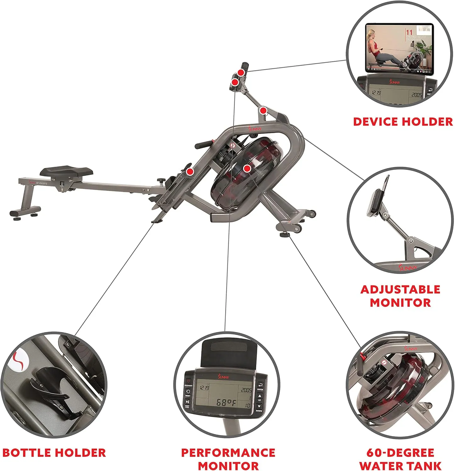 Sunny Health & Fitness Elite Water Rowing Machine with High Dynamic Resistance Vertical Tank, Low-Impact Full-Body Workout and Optional Free SunnyFit App Connectivity