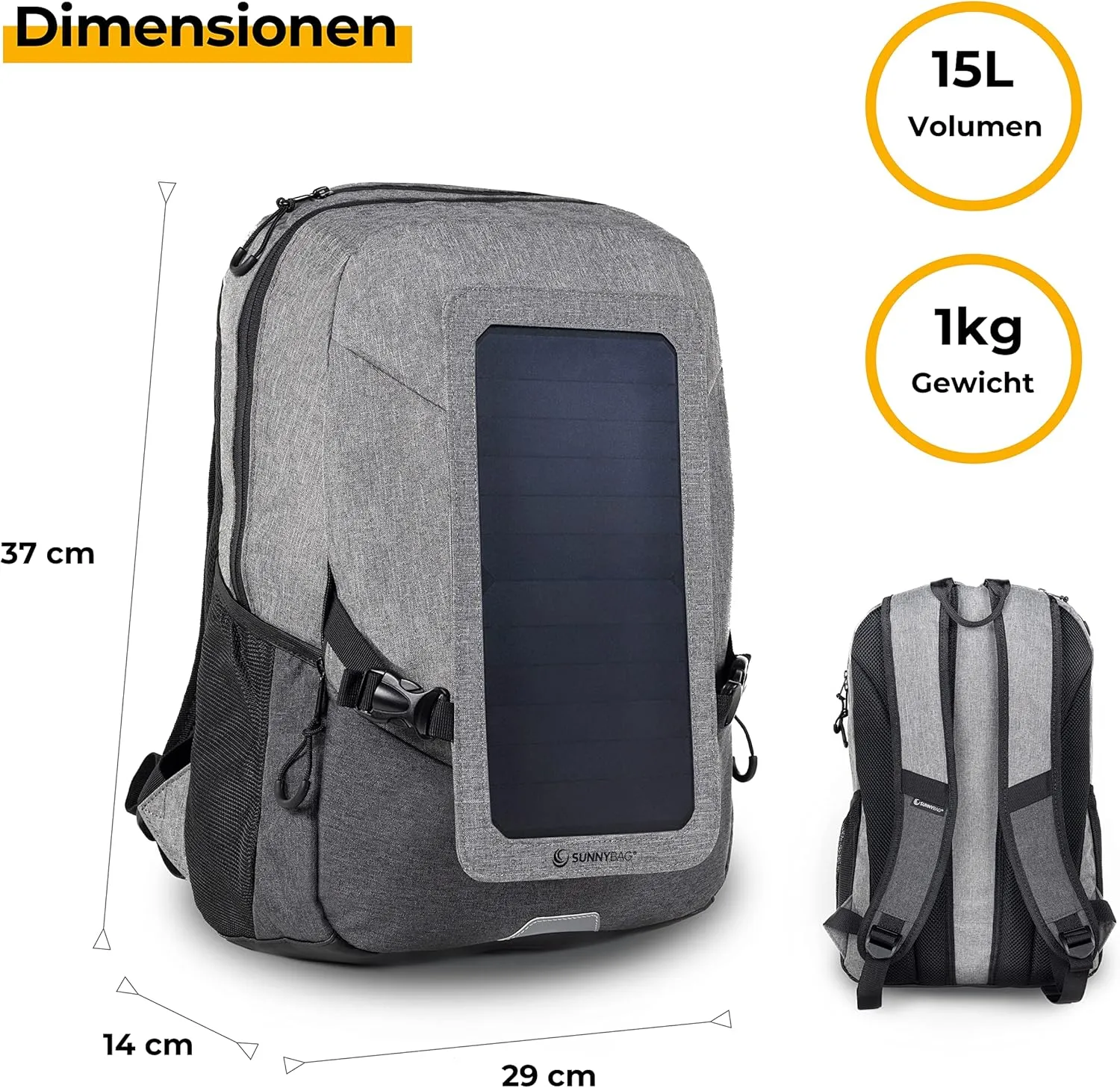 Sunnybag Explorer  6W Solar Backpack with Removable Panel, USB Port for Device Charging, 15.6 inch Laptop Compartment, 15 L Water-Resistant Gray-Black Daypack for Hiking, Camping, Travel, Commuting