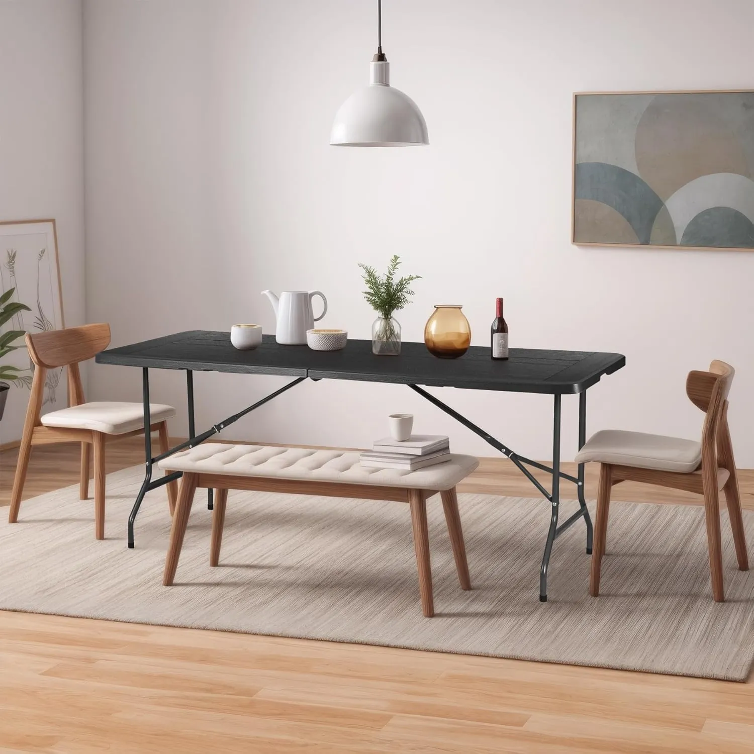 SUPER DEAL 6FT Folding Table for Indoor Outdoor, Portable Heavy Duty Fold-in-Half Plastic Dining Picnic Party Camping Table with Carrying Handle, Black