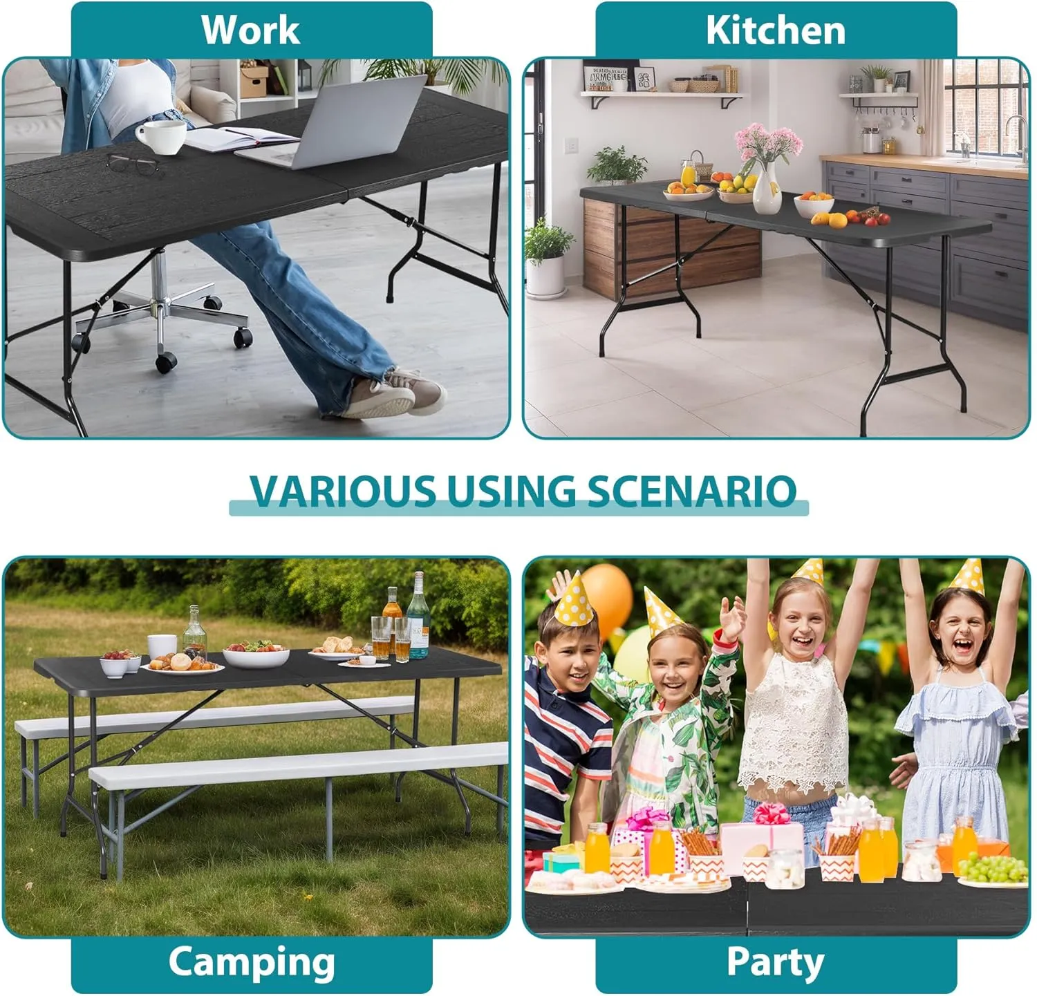 SUPER DEAL 6FT Folding Table for Indoor Outdoor, Portable Heavy Duty Fold-in-Half Plastic Dining Picnic Party Camping Table with Carrying Handle, Black