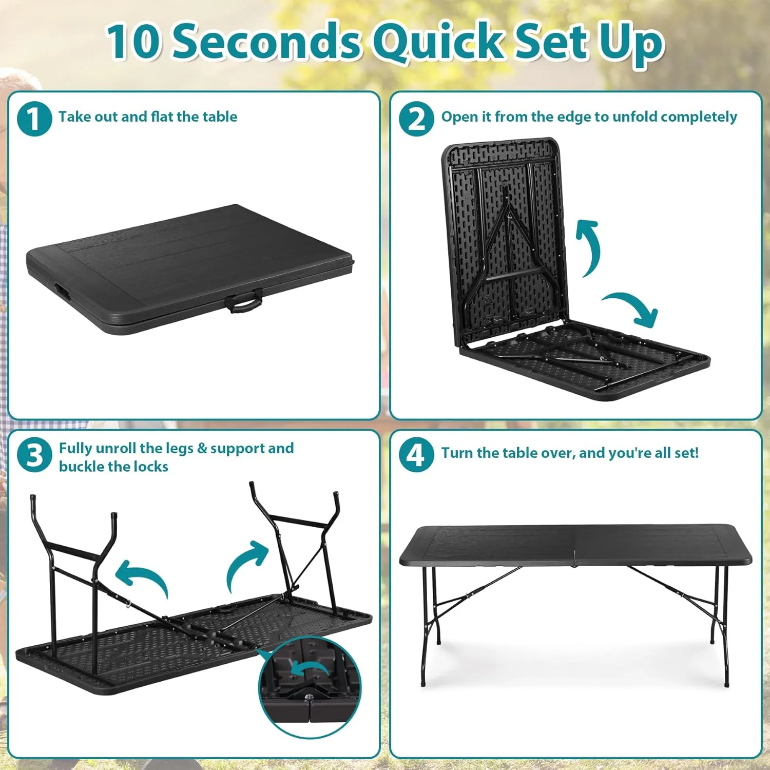 SUPER DEAL 6FT Folding Table for Indoor Outdoor, Portable Heavy Duty Fold-in-Half Plastic Dining Picnic Party Camping Table with Carrying Handle, Black