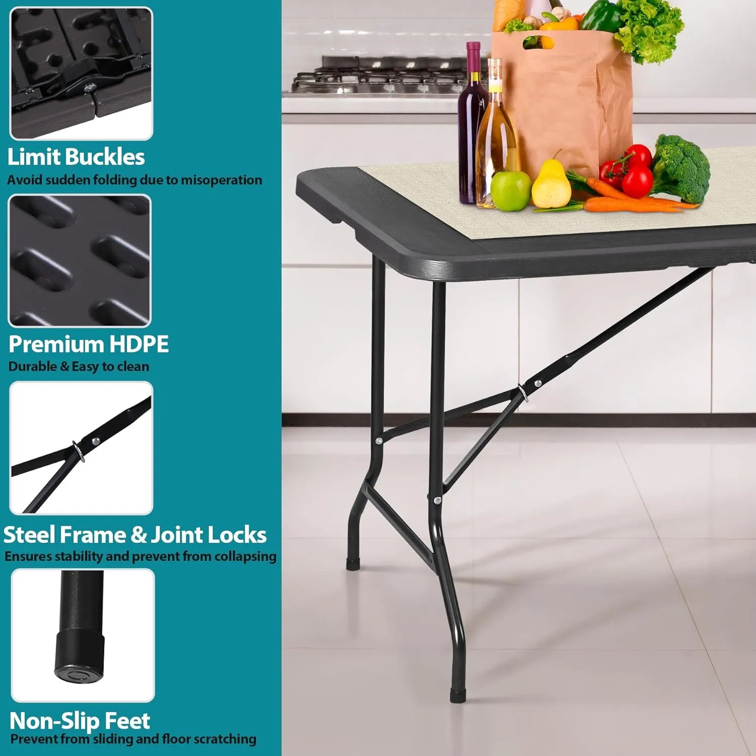 SUPER DEAL 6FT Folding Table for Indoor Outdoor, Portable Heavy Duty Fold-in-Half Plastic Dining Picnic Party Camping Table with Carrying Handle, Black