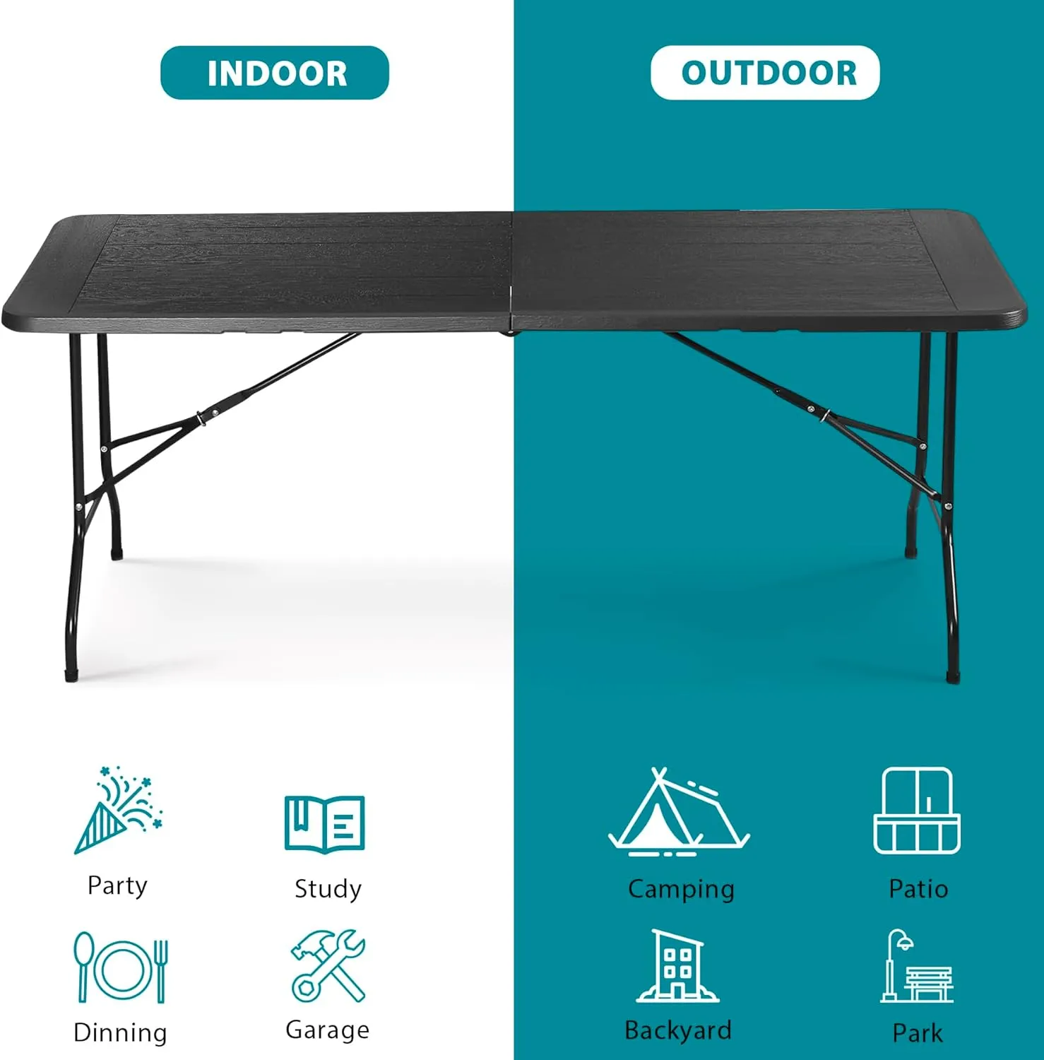 SUPER DEAL 6FT Folding Table for Indoor Outdoor, Portable Heavy Duty Fold-in-Half Plastic Dining Picnic Party Camping Table with Carrying Handle, Black