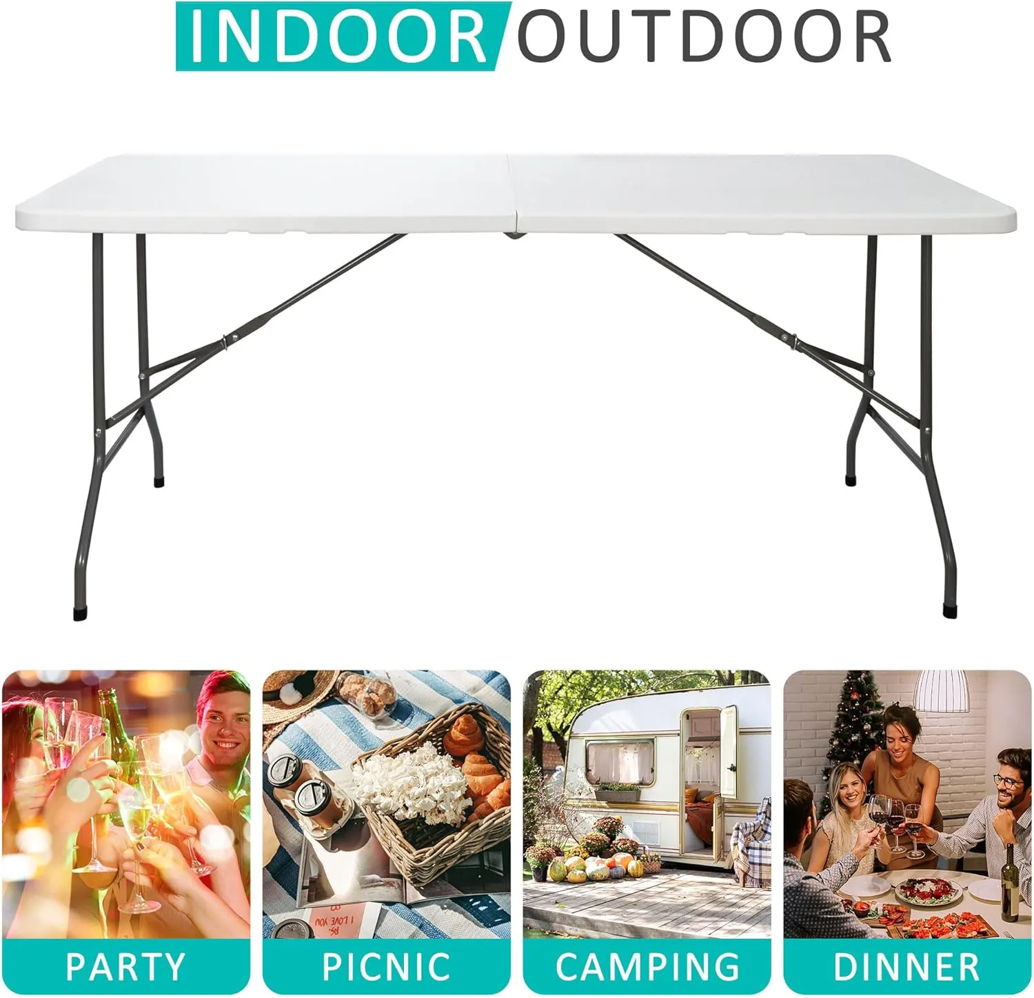 SUPER DEAL 6FT Folding Table for Indoor Outdoor, Portable Heavy Duty Fold-in-Half Plastic Dining Picnic Party Camping Table with Carrying Handle