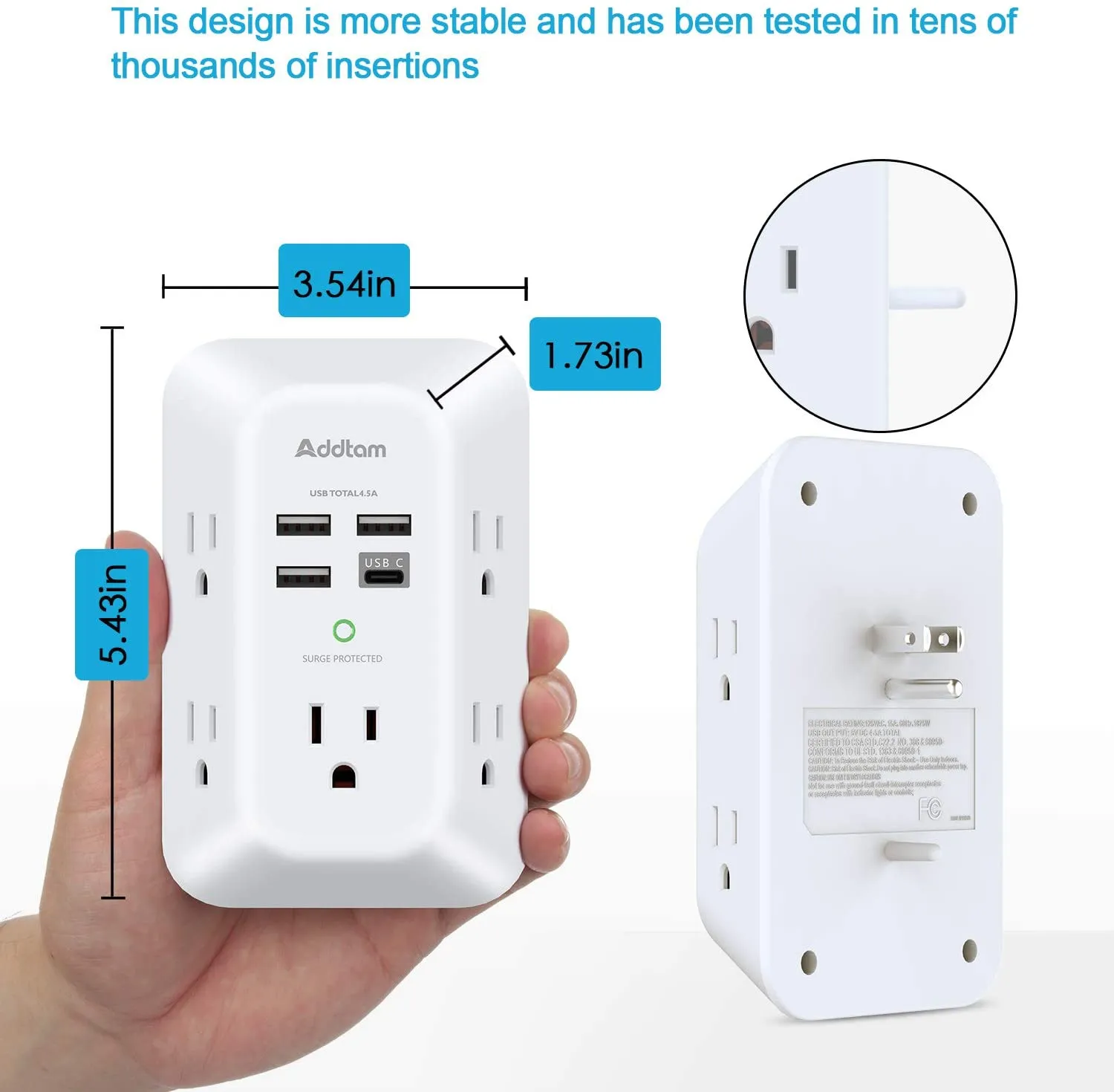 Surge Protector 5 Outlet Extender with 4 USB Charging Ports ( 1 USB C Outlet) 3 Sided 1800J Power Strip Multi Plug Outlets Wall Adapter for Home Travel Office