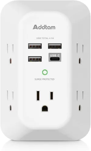 Surge Protector 5 Outlet Extender with 4 USB Charging Ports ( 1 USB C Outlet) 3 Sided 1800J Power Strip Multi Plug Outlets Wall Adapter for Home Travel Office