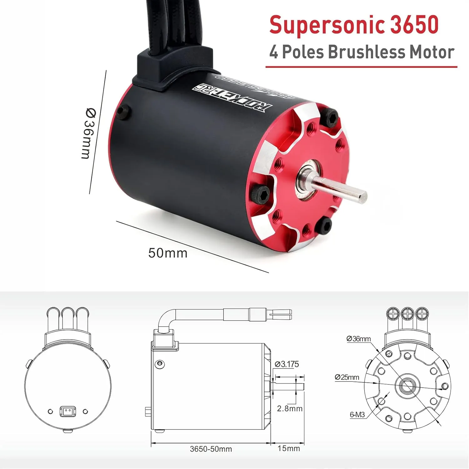 Surpass Hobby Supersonic 3650 4700kv, 4 Pole Brushless Sensor Motor, 3.175mm Bullet Black for 1/10 RC Car Vehicle