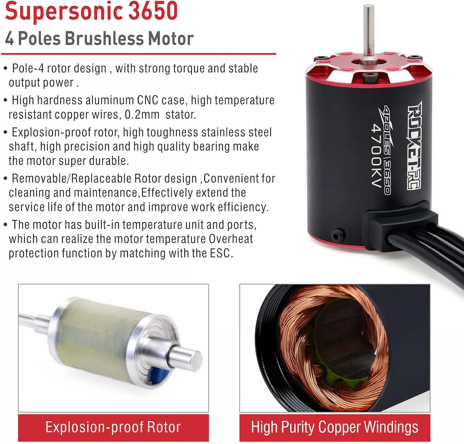 Surpass Hobby Supersonic 3650 4700kv, 4 Pole Brushless Sensor Motor, 3.175mm Bullet Black for 1/10 RC Car Vehicle