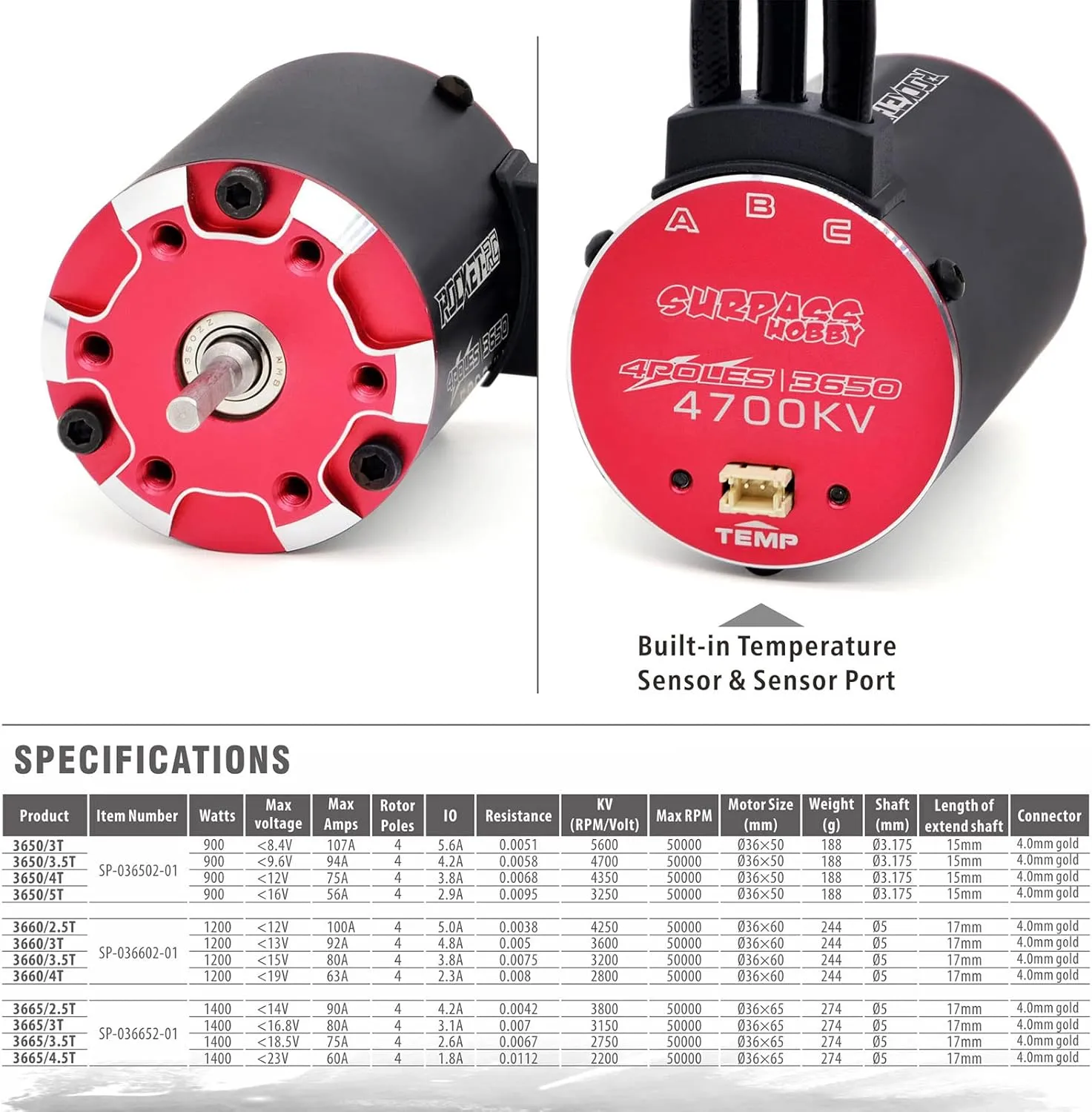 Surpass Hobby Supersonic 3650 4700kv, 4 Pole Brushless Sensor Motor, 3.175mm Bullet Black for 1/10 RC Car Vehicle