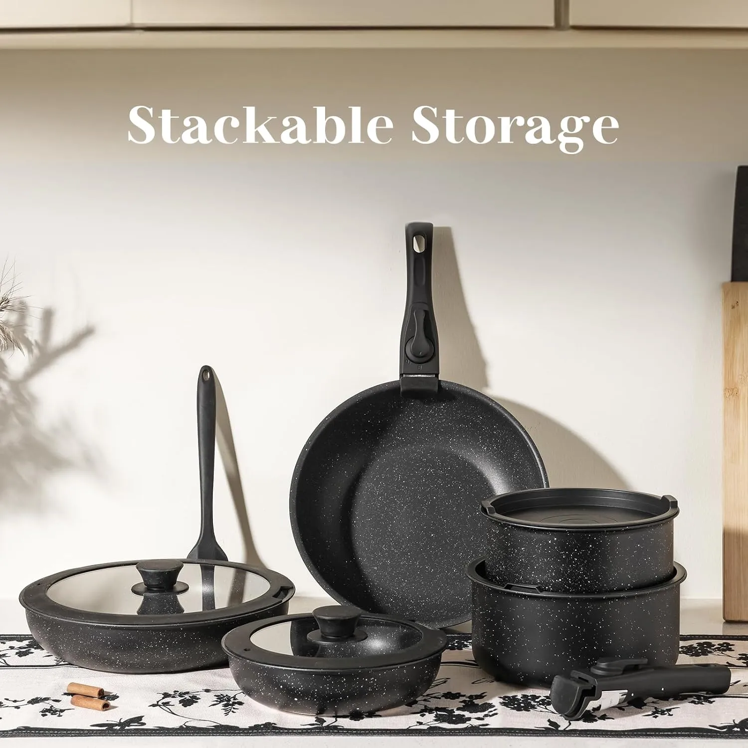 Sweetcrispy 12 pcs Pots and Pans Set, Nonstick Kitchen Induction Cookware Suit with Detachable Handle, Dishwasher Oven Safe, Black