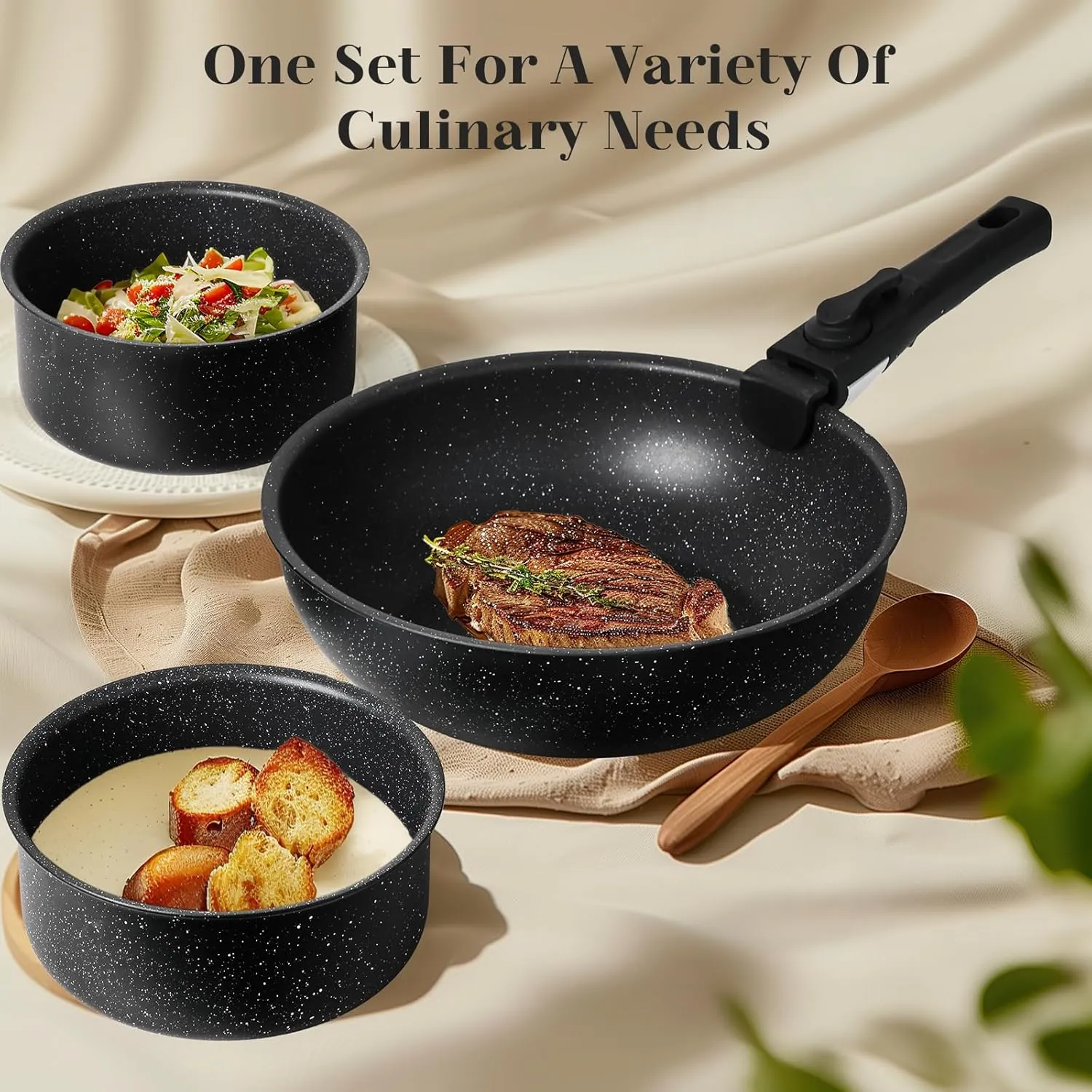 Sweetcrispy 12 pcs Pots and Pans Set, Nonstick Kitchen Induction Cookware Suit with Detachable Handle, Dishwasher Oven Safe, Black