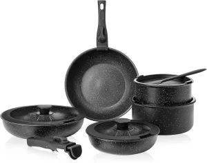 Sweetcrispy 12 pcs Pots and Pans Set, Nonstick Kitchen Induction Cookware Suit with Detachable Handle, Dishwasher Oven Safe, Black